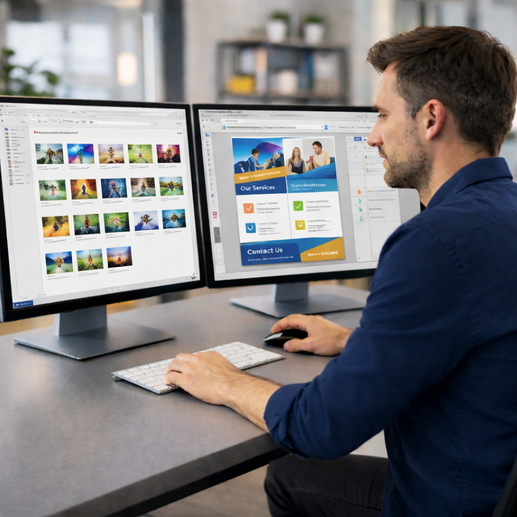 Webdesigner erstellt einen Flyer am Computer mit zwei Monitoren – links ein Bildordner, rechts das Flyer-Layout in einem modernen Büro.