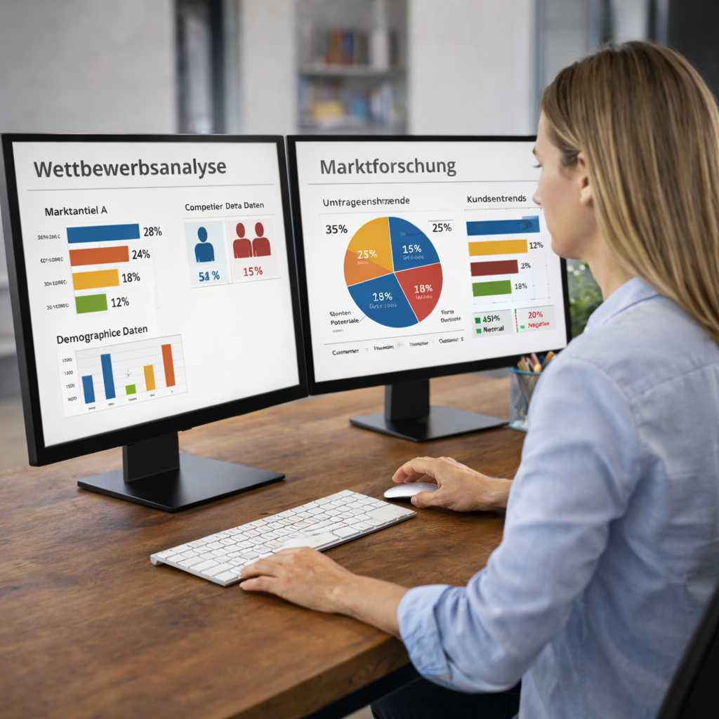 Frau analysiert Marktforschungsdaten am Computer mit zwei Monitoren und Diagrammen zu Wettbewerbsanalyse und Markttrends.