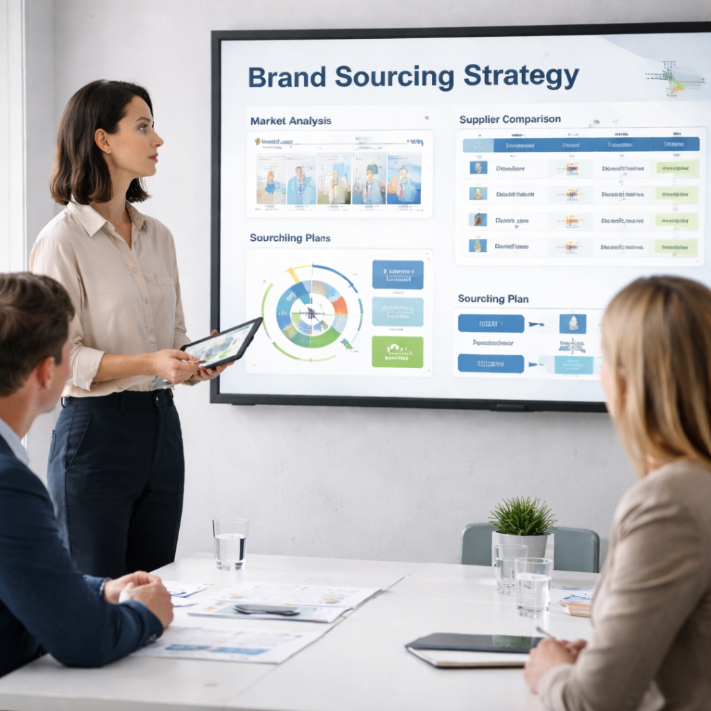 Beraterin präsentiert einem Kunden im Meetingraum eine Brand-Sourcing-Strategie mit Marktanalyse und Lieferantenvergleich auf einem großen Bildschirm.