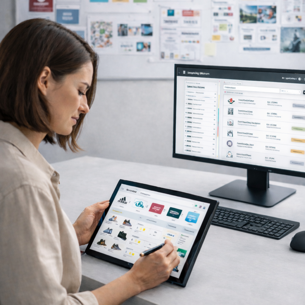 Geschäftsfrau analysiert Marken und Lieferanten auf einem Tablet am Schreibtisch, während auf dem Monitor eine Lieferantenplattform angezeigt wird.