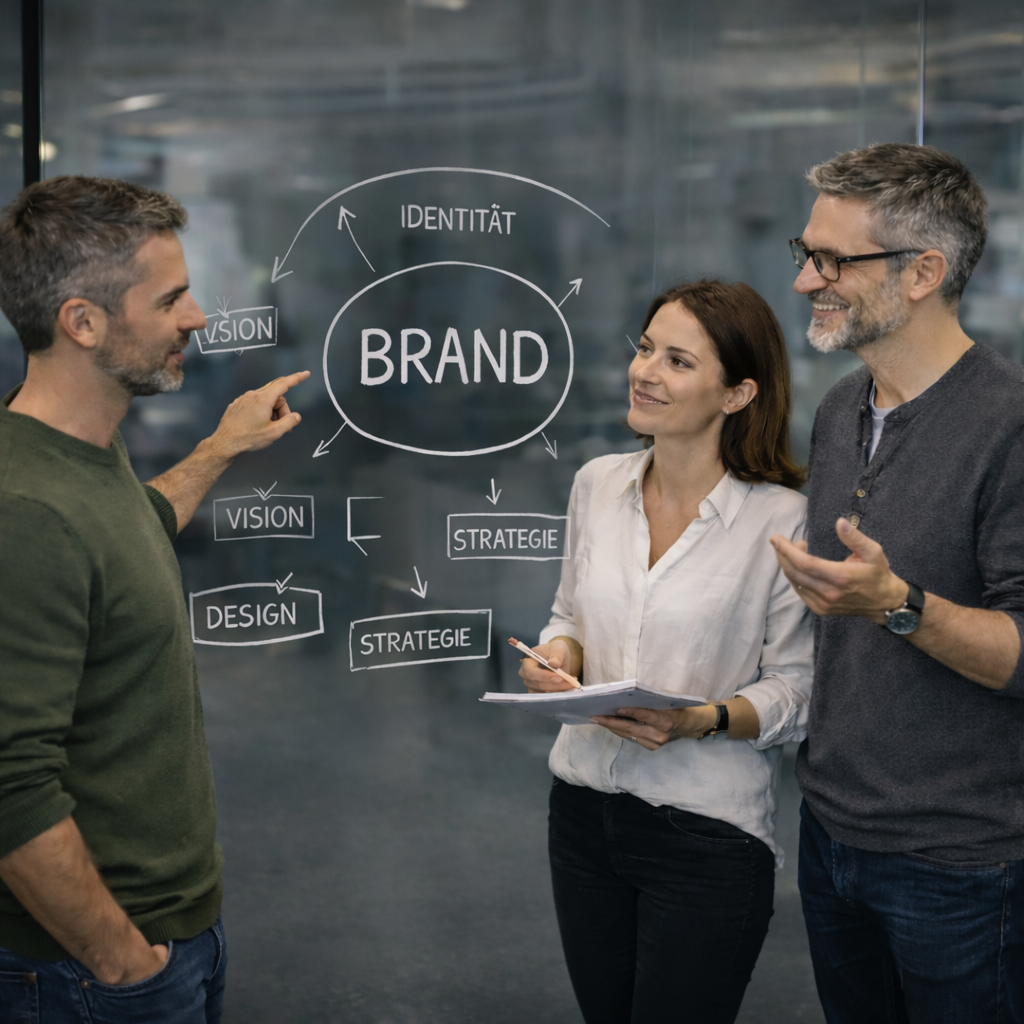 Drei Personen besprechen Markenstrategie vor einer Glaswand mit dem Begriff „Brand“ und Begriffen wie Identität, Vision, Strategie und Design.