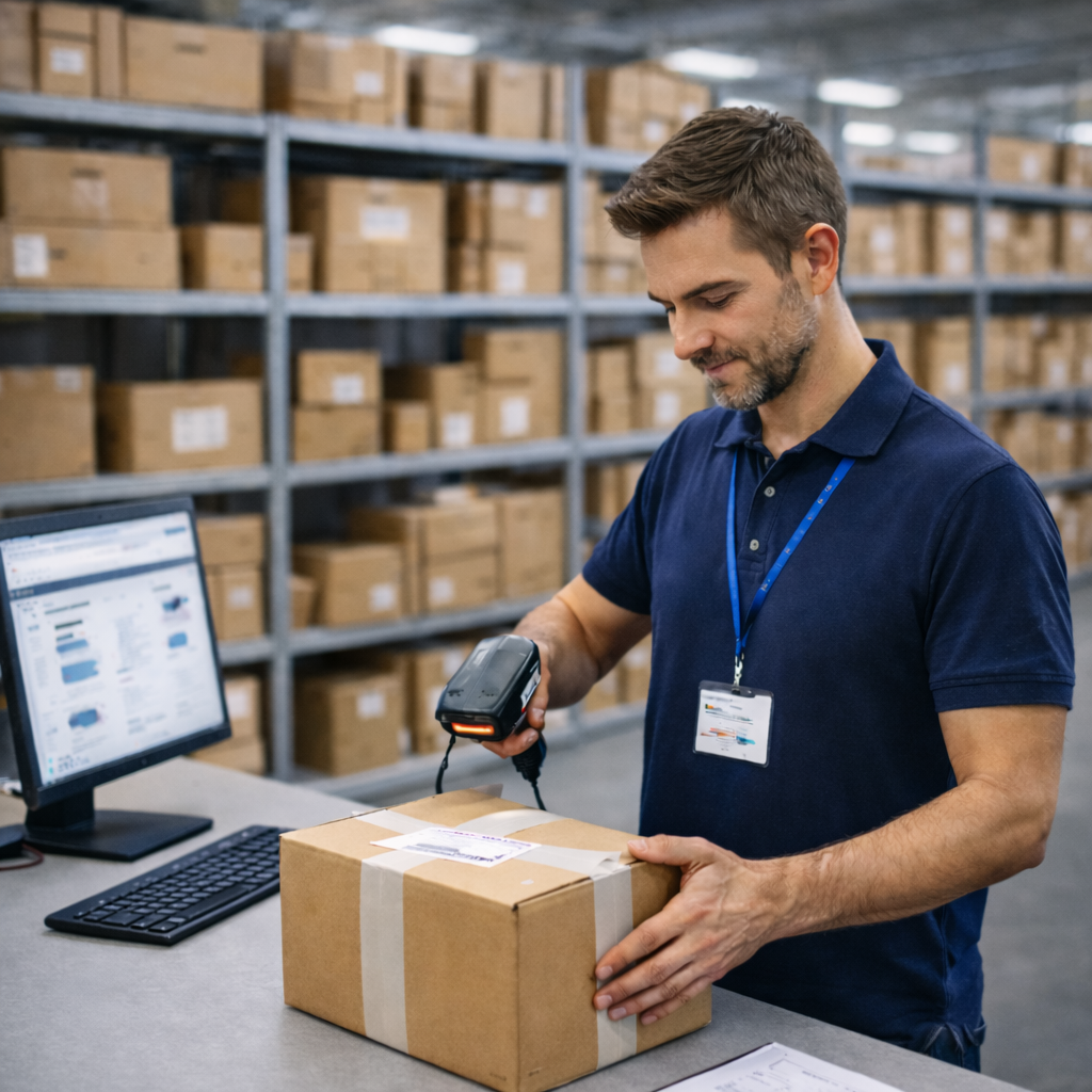 Mitarbeiter im Lager scannt ein Paket mit einem Barcode-Scanner vor einem Computer, Regale mit Versandkartons im Hintergrund.