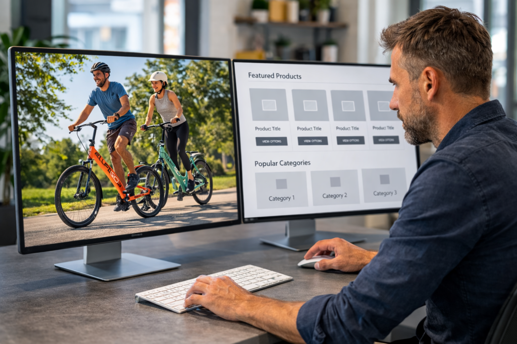 Webdesigner arbeitet im Büro an zwei Monitoren, auf dem linken Monitor ein großes Bild von ElliptiGO Fahrrädern mit Fahrern, auf dem rechten Monitor ein Online-Shop Wireframe.
