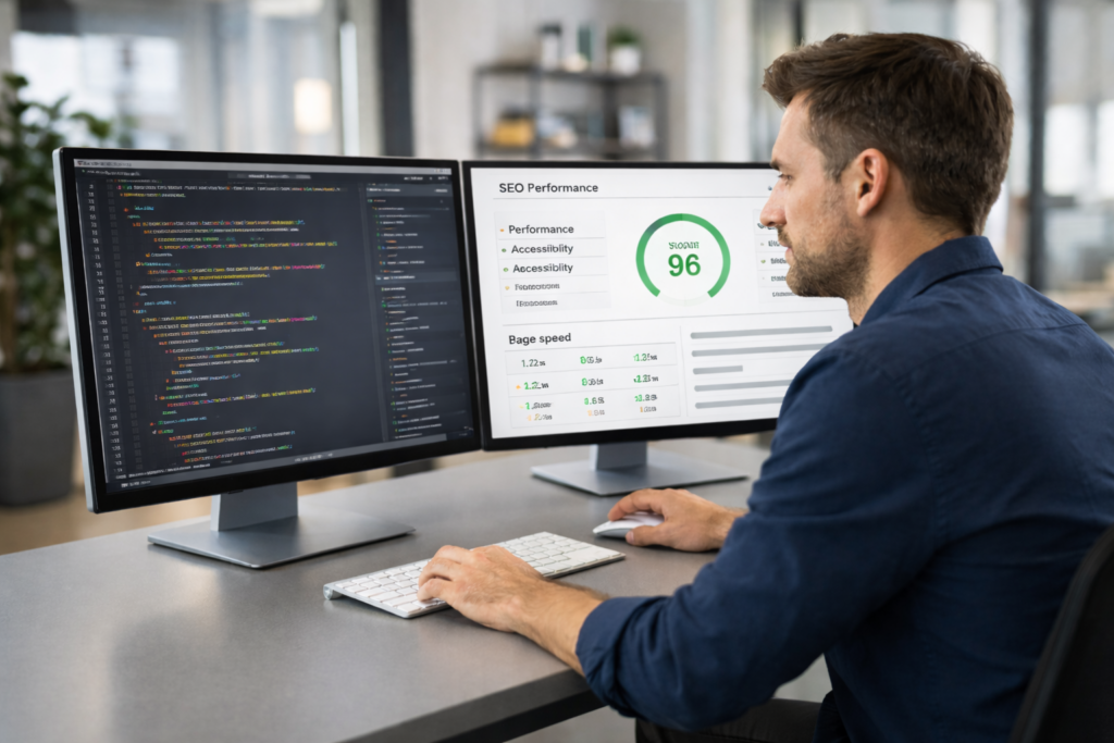 Webentwickler arbeitet an zwei Monitoren im Büro, links Quellcode einer Website und rechts eine SEO-Analyse mit Performance-Score und Ladezeit-Optimierung.